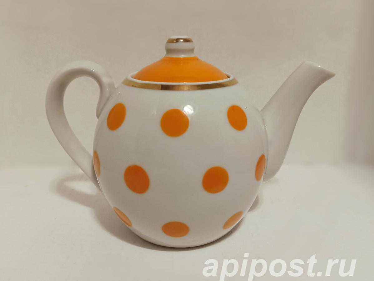 Чайник с декором в горошек, фарфор, золочение, деколь,...
